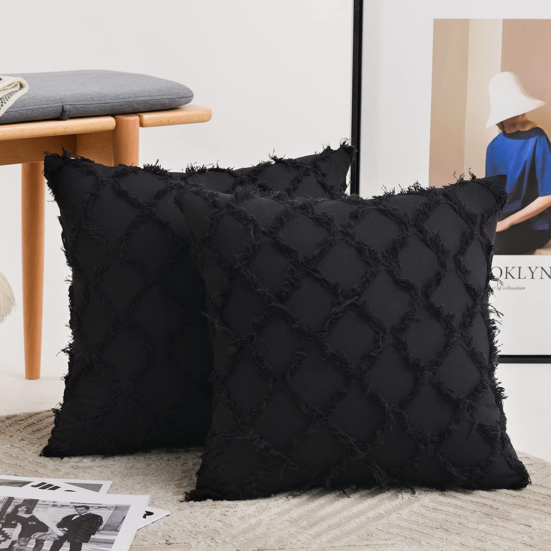 Housses de coussin jacquard noir 45x45 cm en coton et lin bohème (Lot de 2) pour canapé