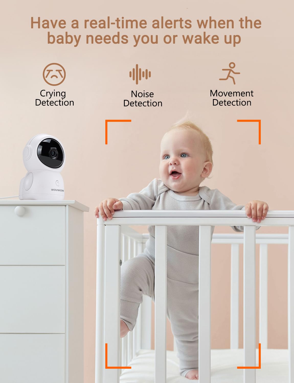 Cámara de bebé con soporte, detección de llanto, 2 K real cámara de bebé, monitor de bebé, conexión WiFi y control de aplicaciones, temperatura y humedad, cunas, luz RGB