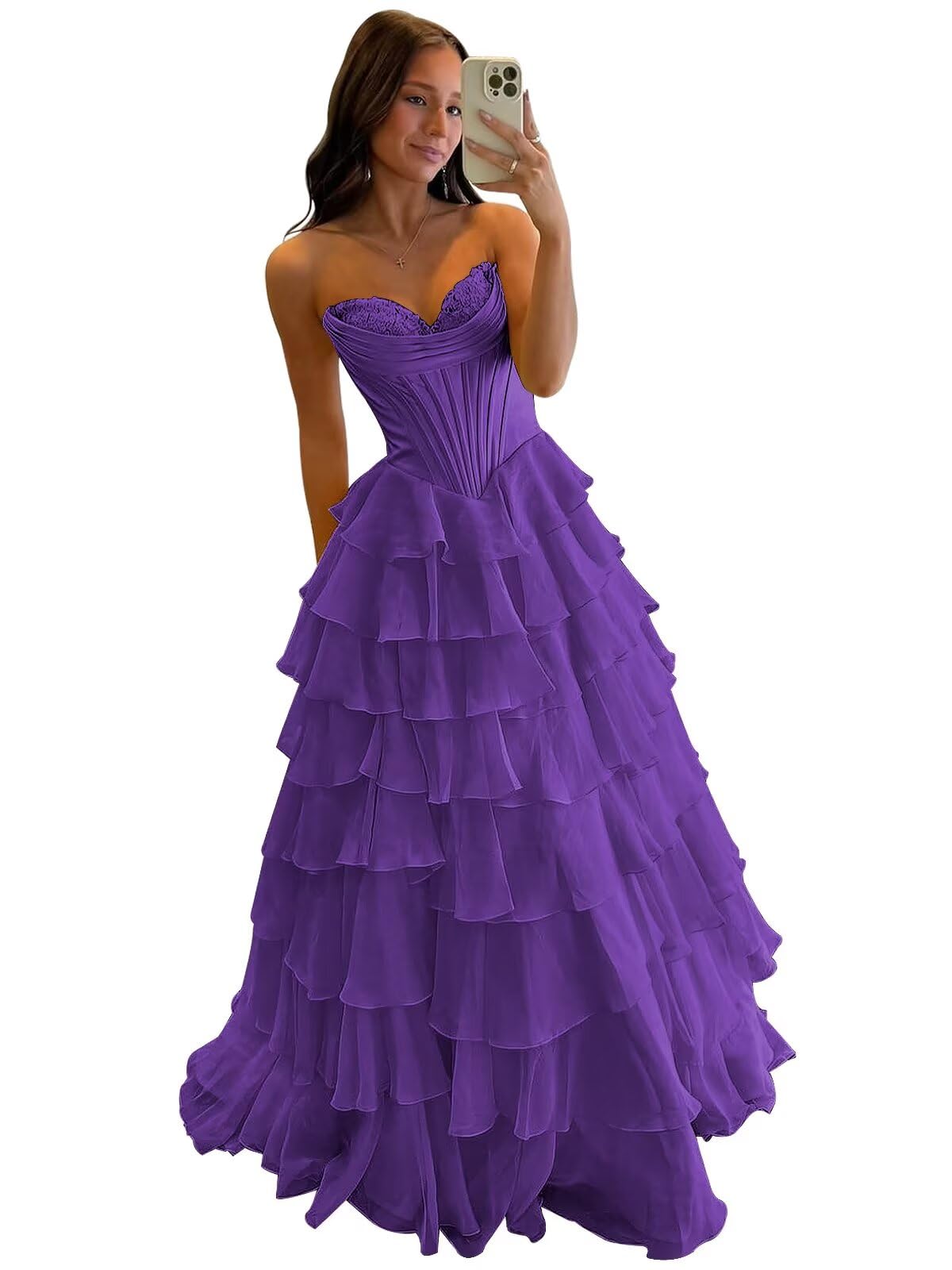 Mollyevers Strapless Corset Prom Dresses for Women Long Tiered Ruffle Chiffon Formal Evening Gowns with Slit