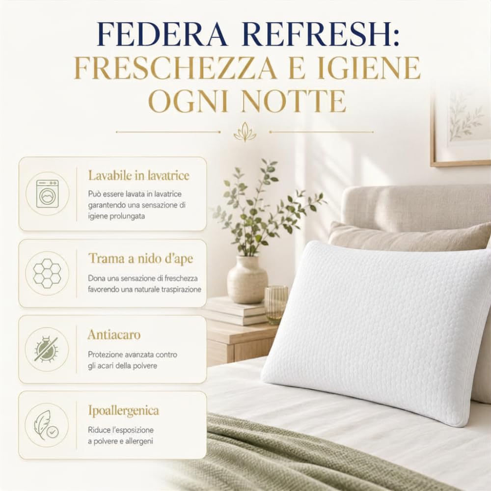 DREAM HAVEN Cuscino Alto 18 cm in Memory Foam, Antirussamento e Antireflusso, Cuscino Cervicale per Dormire con Federa Refresh Antiacaro e Anallergica, Cuscino Letto Ergonomico Made in Italy (1)