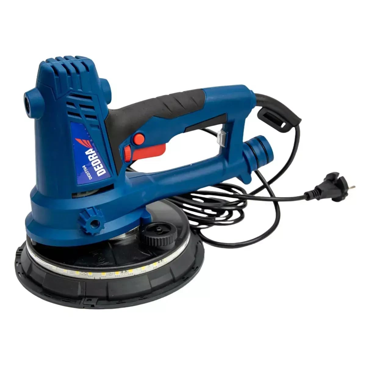 Levigatrice a secco a mano con luce LED DEDRA, 750 W, 1500-2700 giri/min, 180 mm, per la lavorazione del gesso, con aspirazione della polvere, peso 3,1 kg, cavo lungo 4 m