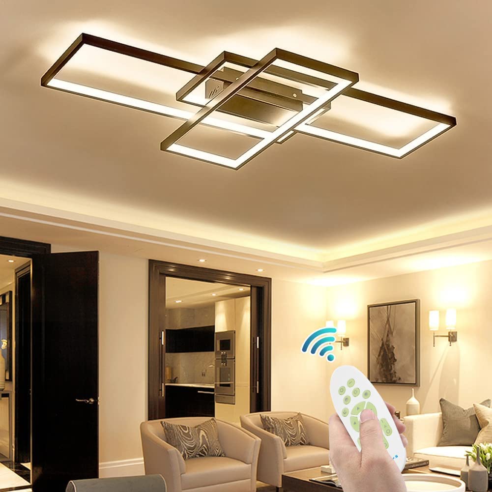 Photo 1 of XEMQENER Modern LED Ceiling Light, 62W Dimmable Flush Mount Ceiling Lamp with Remote Control, 3-Square Chandelier Ceiling Light Fixture for Dining Room Bedroom Living Room (Black) Black 35'' Black Rectangle-62W