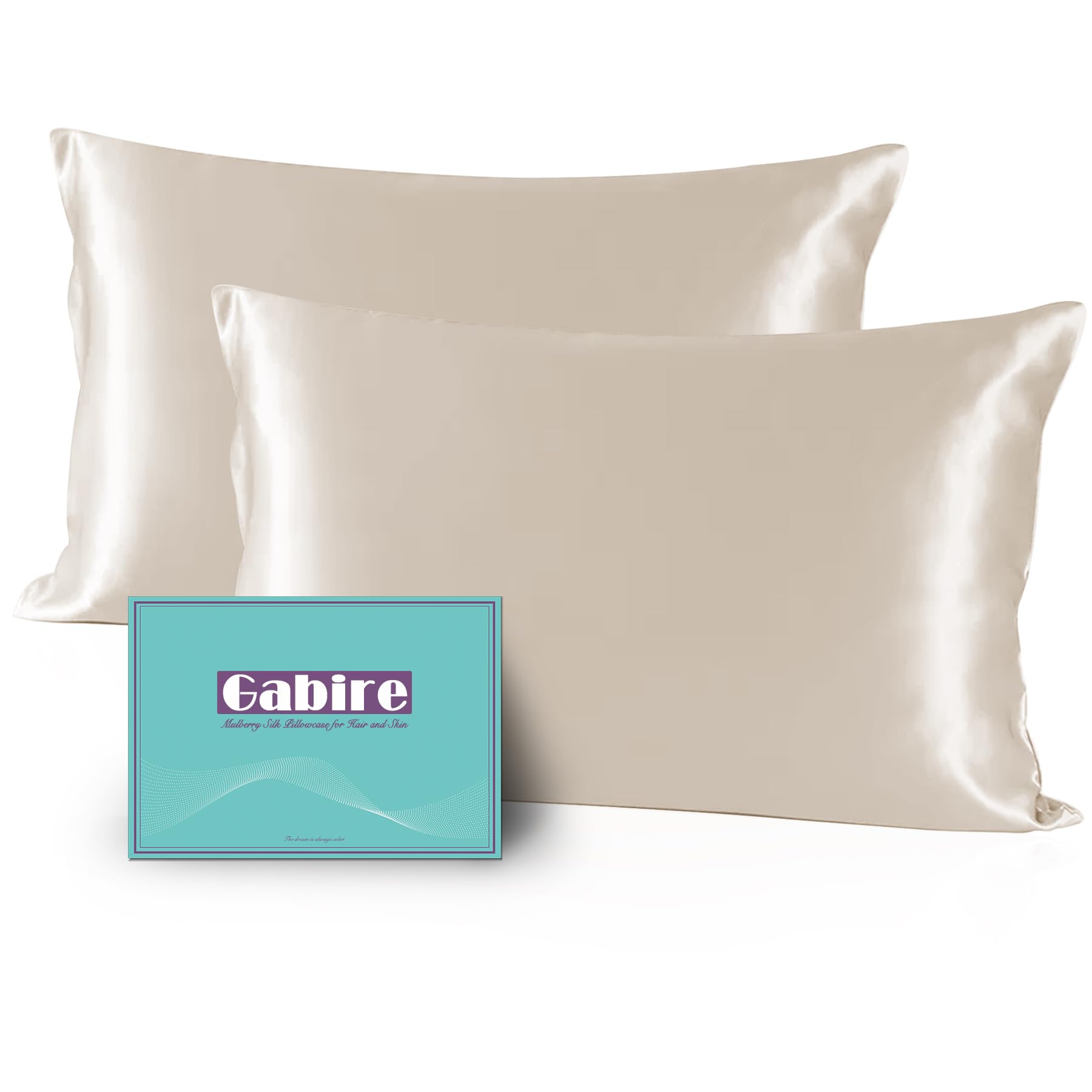 Gabire Mulberry Silk Pillow Cases Set of 2, Both Sides Real Silk Pillowcase for Hair and Skin Prevent Acne Pillowcase Organic Silk Pillow Cases 2 Pack with Hidden Zipper, Beige, Standard (20"×26") — image 1