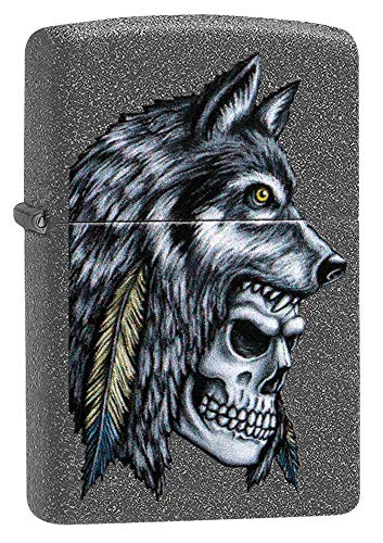 Image of Zippo Wolf Skull Feather Design Iron Stone Pocket Lighter