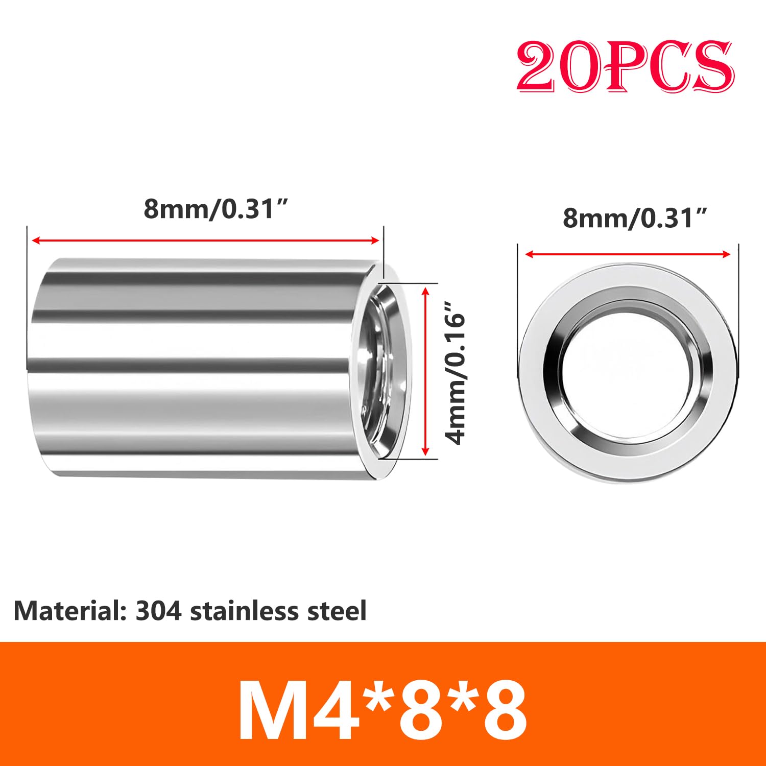 20 Pezzi Dado a Barra Lunga, Dadi di Accoppiamento Cilindrici, in Acciaio Inox 304, M4×8×8mm Dado Rotondo per Casa e Industriale