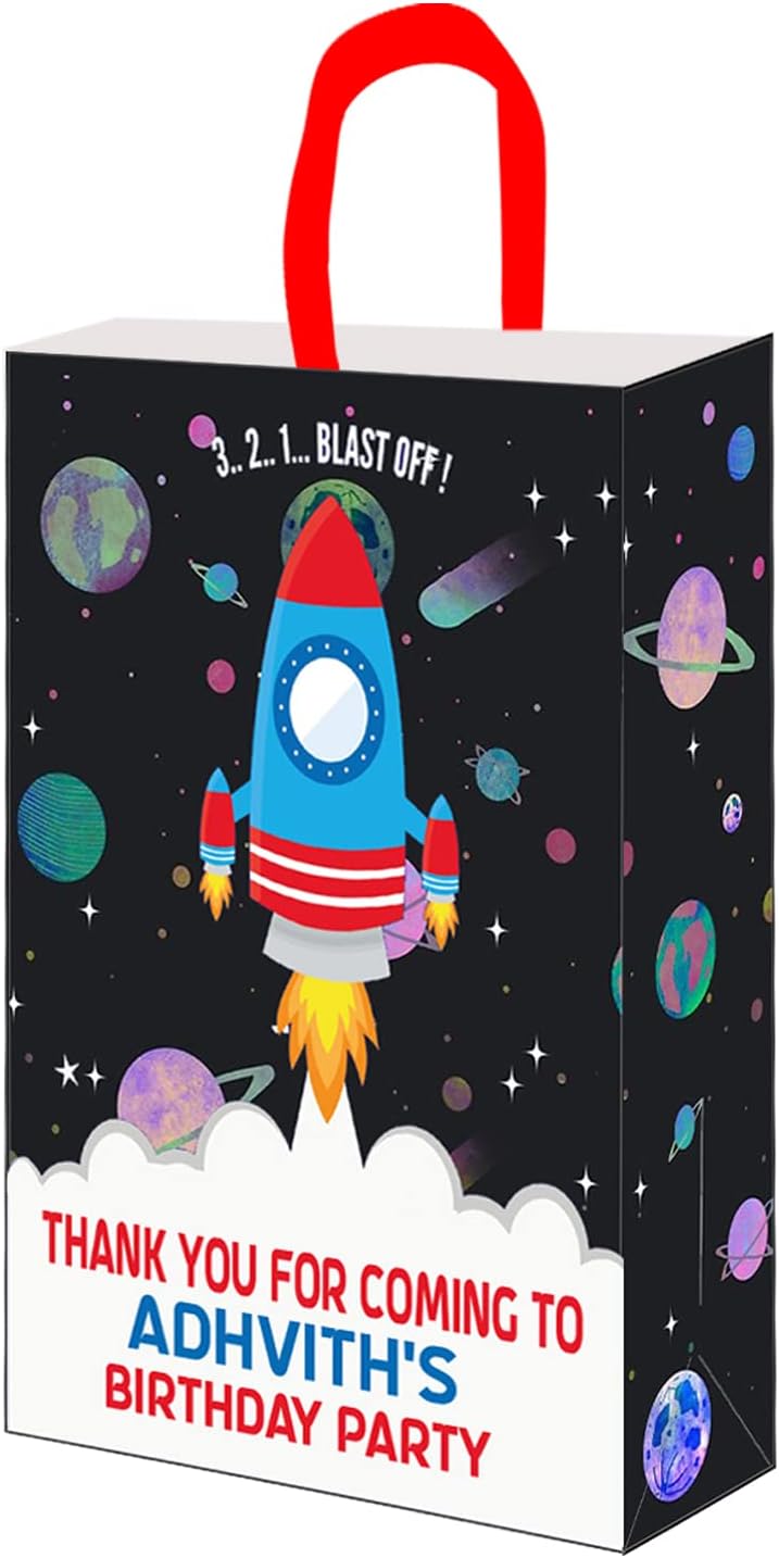 WoW Party Studio Personalized Space Astronaut Theme Happy Birthday Decorations Return Gift Bag with Birthday Boy/Girl Name - Pack of 10 Pcs (Black, Grey)(Cardstock)
