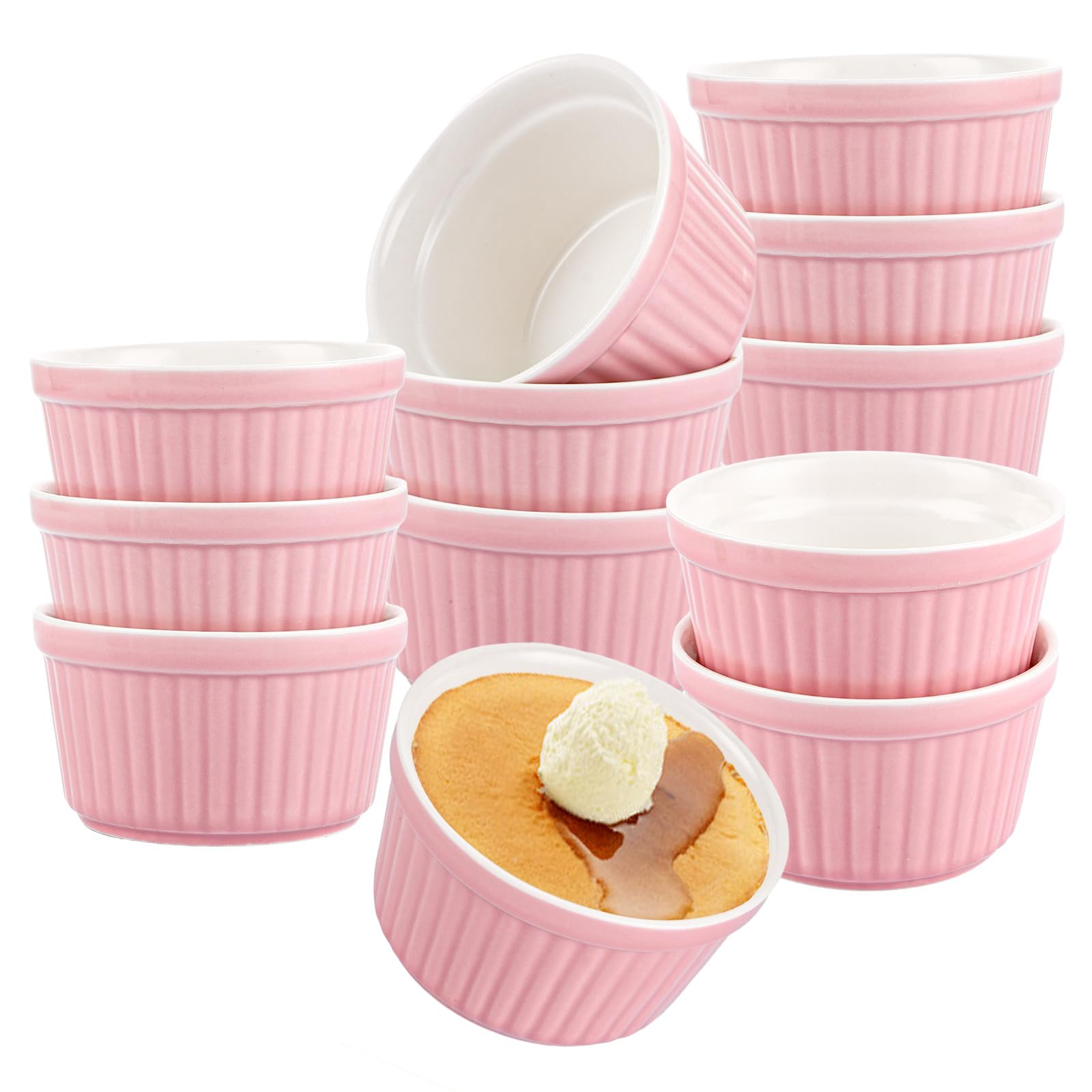 SHUESS Ramequin crème brûlée lot de 12, 200 ml rose, bols en céramique 9 cm pour four et micro-ondes, moules à soufflé empilables, ramequins individuels pour desserts, sauces et snacks