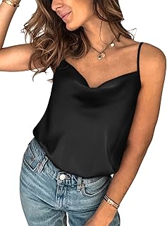 Saslax Satin Drape Cowl Neck Sleeveless Spaghetti Strap Cami Backless Bodysuit Tank Tops