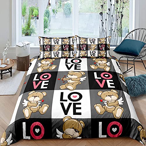 Unicey 3D Housse De Couette Ours De Dessin Animé Noir 140X200 Cm avec 2 Taies d'oreiller Motif Imprimé Ensemble De Housse De Couette 3 Pièces Hypoallergénique Housse De Couette en Microfibre Souple Cover