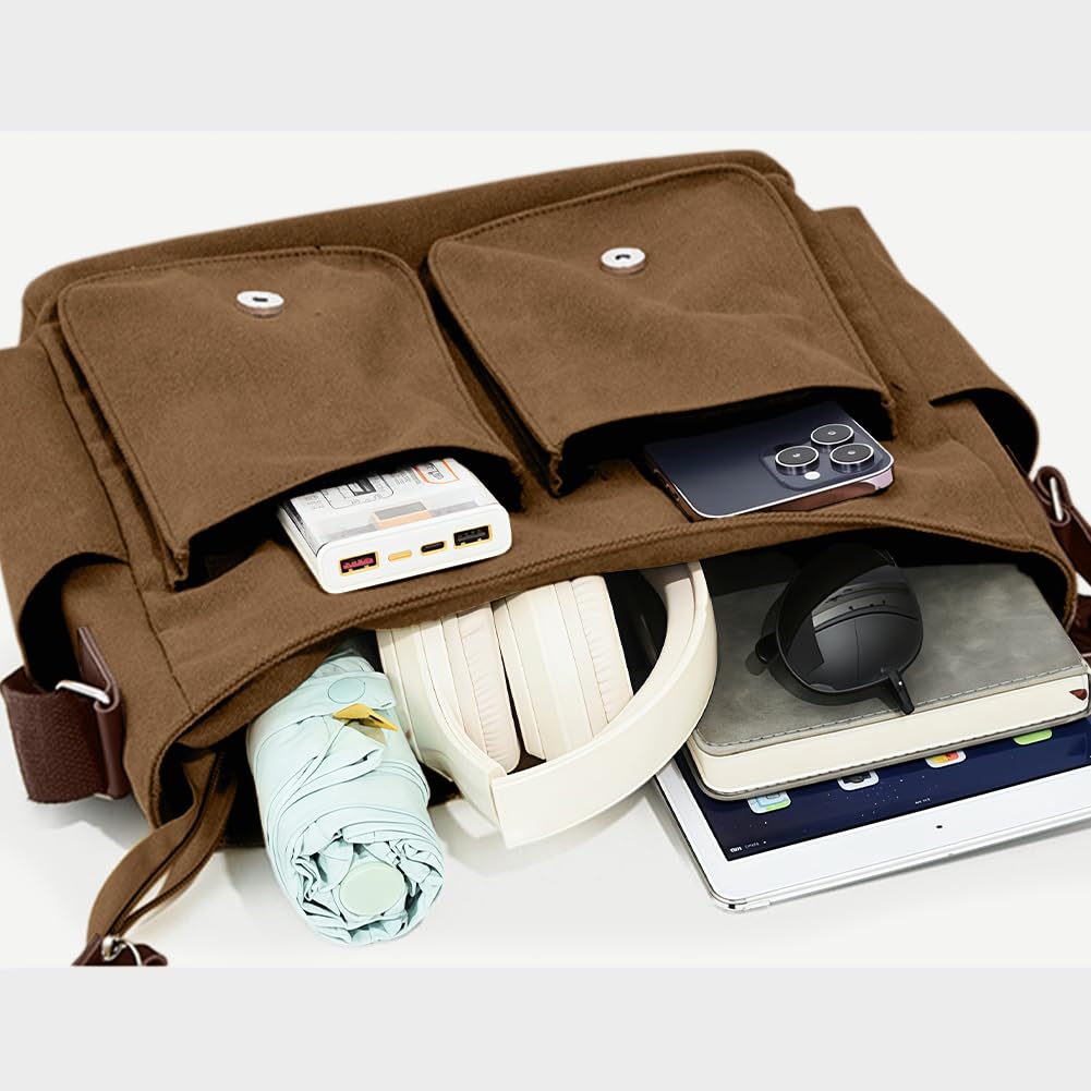 flintronic Bolsa de Mensajero, Bolso de Hombro de Lona, Bolso de Bandolera de 14 Pulgadas para Hombres Mujeres, Bolsa Multibolsillos con Bandolera Ajustable para Viajes, Ciclismo, Trabajo, Deportes