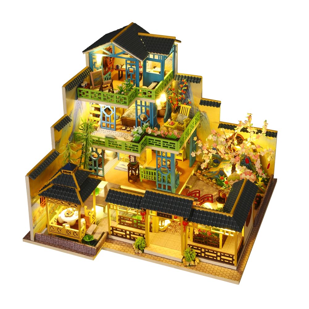 Casa de muñecas en miniatura de estilo chino de tres pisos, muebles de madera, kit de casa de muñecas DIY con habitación creativa LED, regalo para adultos, adolescentes y niños