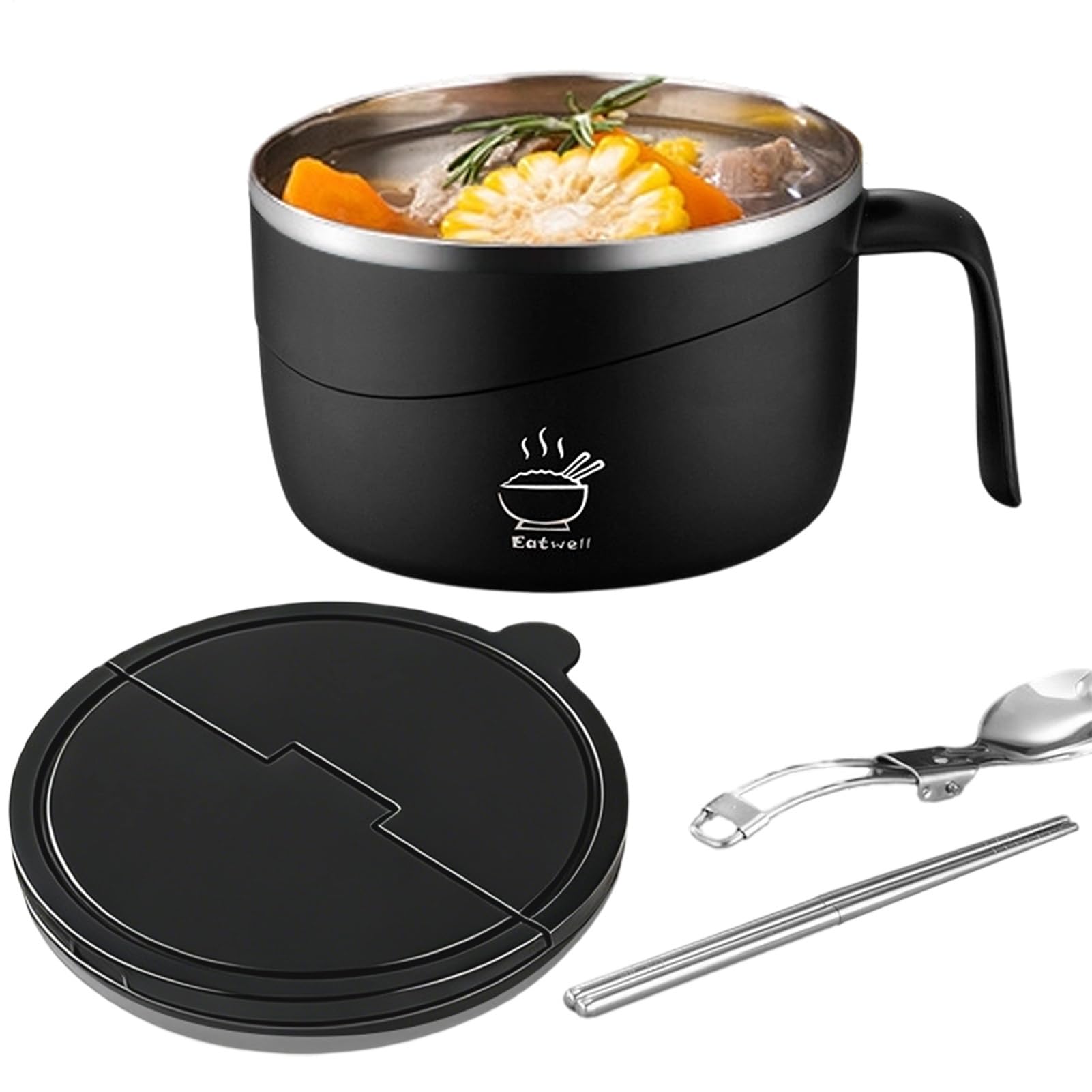 Generico per Noodles Set Set Portatile con Coperchio e Forchetta per Zuppa | per Noodles in Acciaio Inossidabile per Riso Pho Pasta Porridge Zuppa Insalata Casa Università