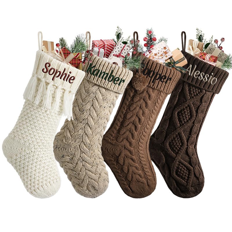 Heflashor Personalized Christmas Stockings, 18” Large Custom Xmas Knit Stocking with Embroidered Name and icon for Family Holiday Christmas Party Fireplace Decoration,Mixed,2