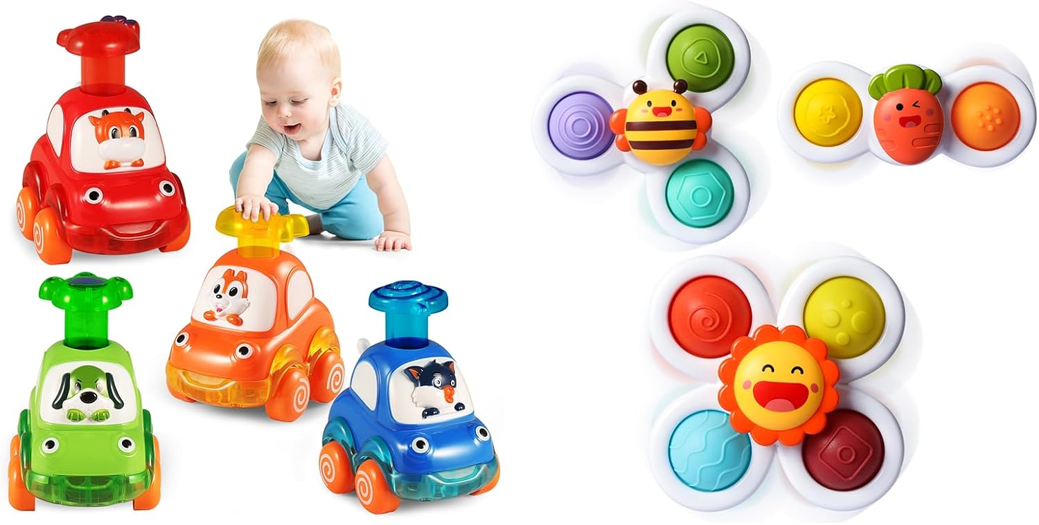 ALASOU 4 PCS Animal Car Toys and 3 PCS Suction Cup Rotating Toys for Infant and Toddlers