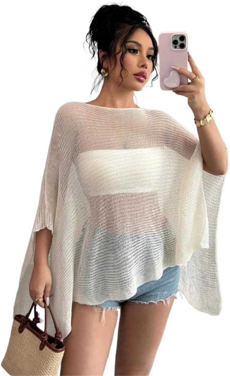 Women Mesh Top Knit Through Shawl Wrap Summer Loose Beachwear Swimsuit Bikini cover ups for swimwear