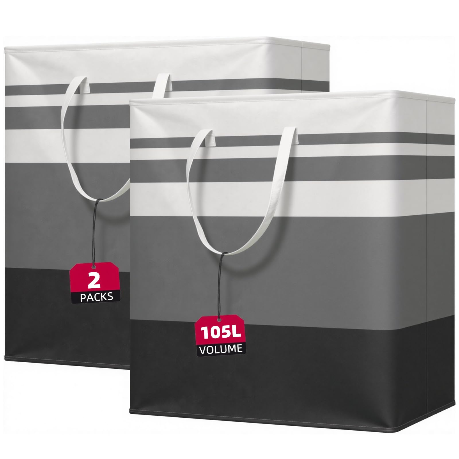 Gedamari 2-Pack Large Laundry Hamper, Collapsible Laundry Basket, Waterproof Freestanding Clothes Hamper with 2 Extended Handles, Movable in Family Rooms and Dorms, Gradient Grey, 105L
