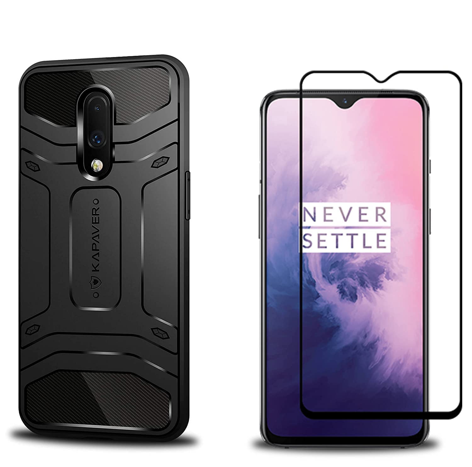 Rugged Armor Back Cover Case for OnePlus 7 - (Black) (Case with Tempered Glass)