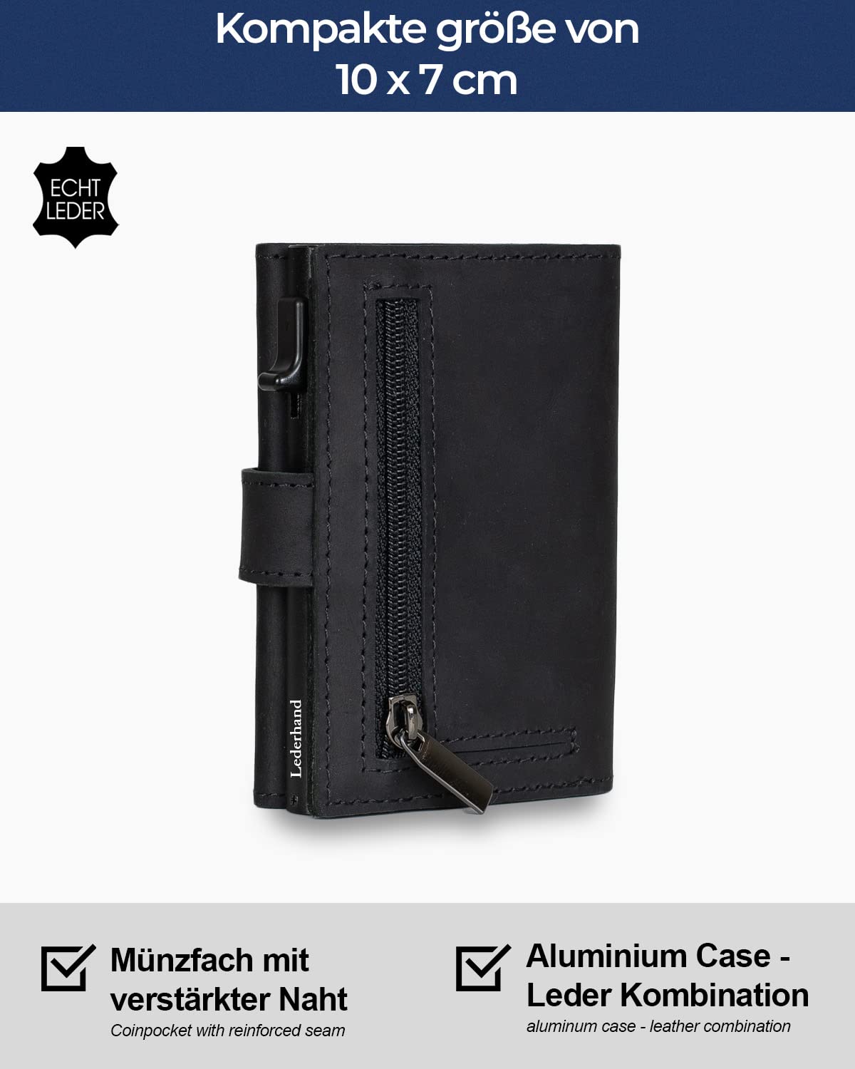 Lederhand Fargo Wallet – Leder Geldbörse handgemacht für Herren und Damen Portemonnaie Aluminium Kartenhalter mit Münzfach und Scheinfach - Platz für 9 Karten mit RFID NFC Schutz Farbe | (Schwarz)