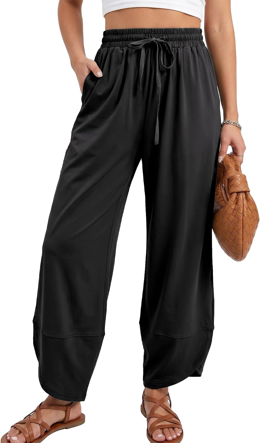 SeeLuNa Women Travel Pants High Waisted Elastic Drawstring Tapered Leg Tulip Hem Pant Lounge Baggy Palazzo Pants with Pockets