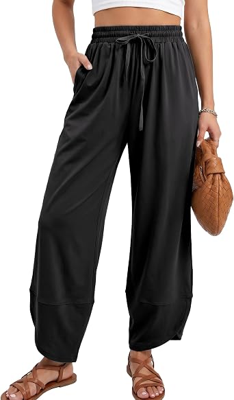 SeeLuNa Women Travel Pants Drawstring Tulip Hem Barrel Pant with Pockets