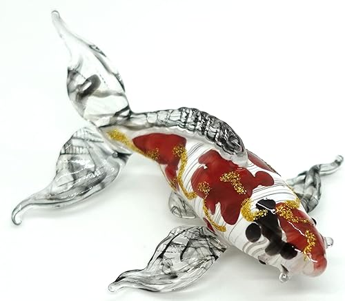 Figuras japonesas en miniatura de peces de carpa koi, animales soplados a mano, arte coleccionable de regalo para decorar (4 pulgadas, blanco rojo)