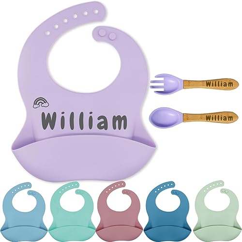 FCQIANKM Juego de baberos de silicona personalizados para bebés, cuchara y tenedor con icono de nombre, baberos personalizados para niños pequeños,
