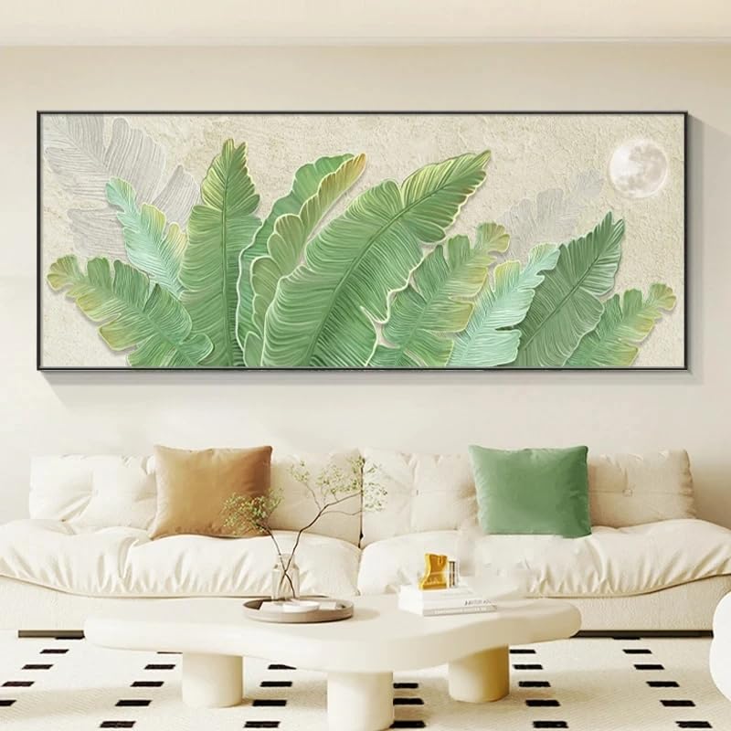 Cuadro de hoja verde en lienzo de 30x60cm con marco interno para salón