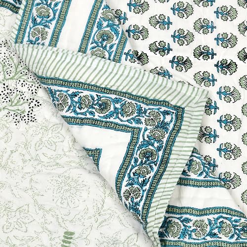 Image of BLOCKS OF INDIA Hand Block Printed Cotton King Size Quilt /Rajai | Green Tree
