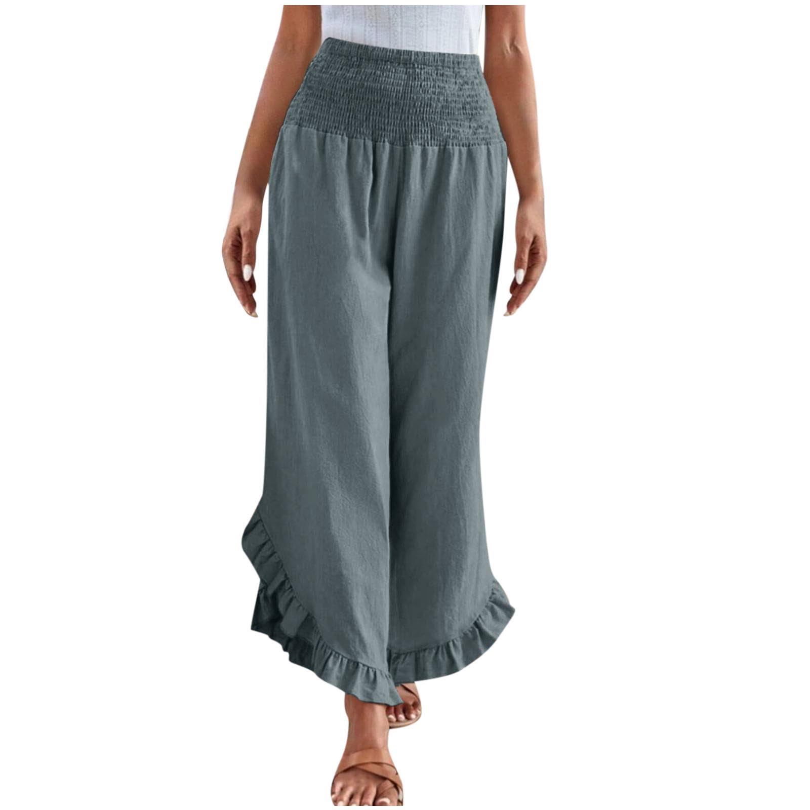 Palazzo Pants for Women Casual Linen Boho Ruffle Hem Travel Trousers Smocked Waist Flowy Beach Vacation Wide Leg