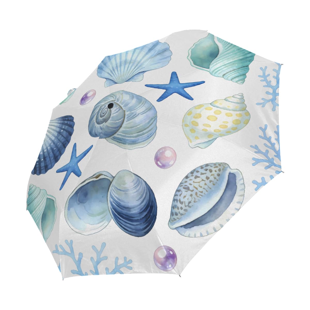 Ombrello pieghevole da viaggio con conchiglie acquerellabili corallo perla ombrello compatto antivento impermeabile con protezione UV rivestimento nero leggero 8 coste portatile per pioggia