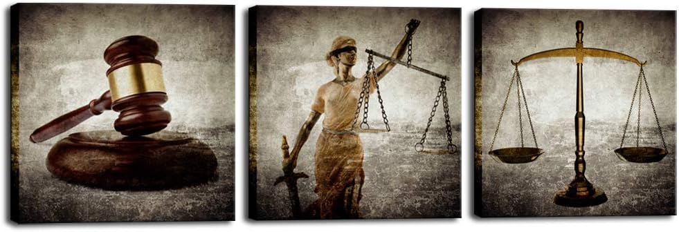BiuteawalBiuteawal - Legal Wall Art Law Firm Scales Justice Hammer Picture Canvas Prints Justitia Lady Poster Painting Vintage Artwork for Court Home Office Study Room Decoration Ready to Hang