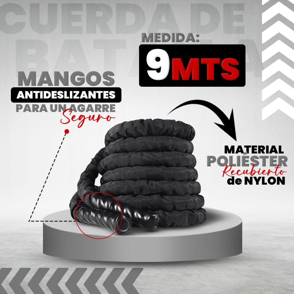Cuerda de Batalla Viok Sport 9 Metros Negra - Battle Rope Recubierta para Entrenamiento Funcional de Alta Intensidad en Interiores y Exteriores