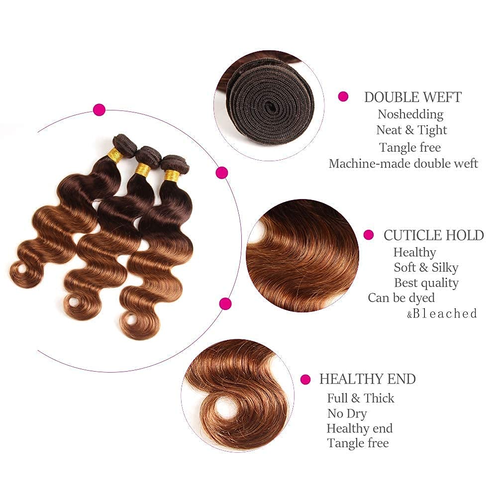 Body Wave Bundles Human Hair (T4/30, 26 26 26) 2 Tone Ombre Brazilian 3 Bundles Virgin Human Hair Weave Bundles 100% Unprocessed Body Wave Human Hair Extensions T4/30 Medium Brown/Medium Auburn