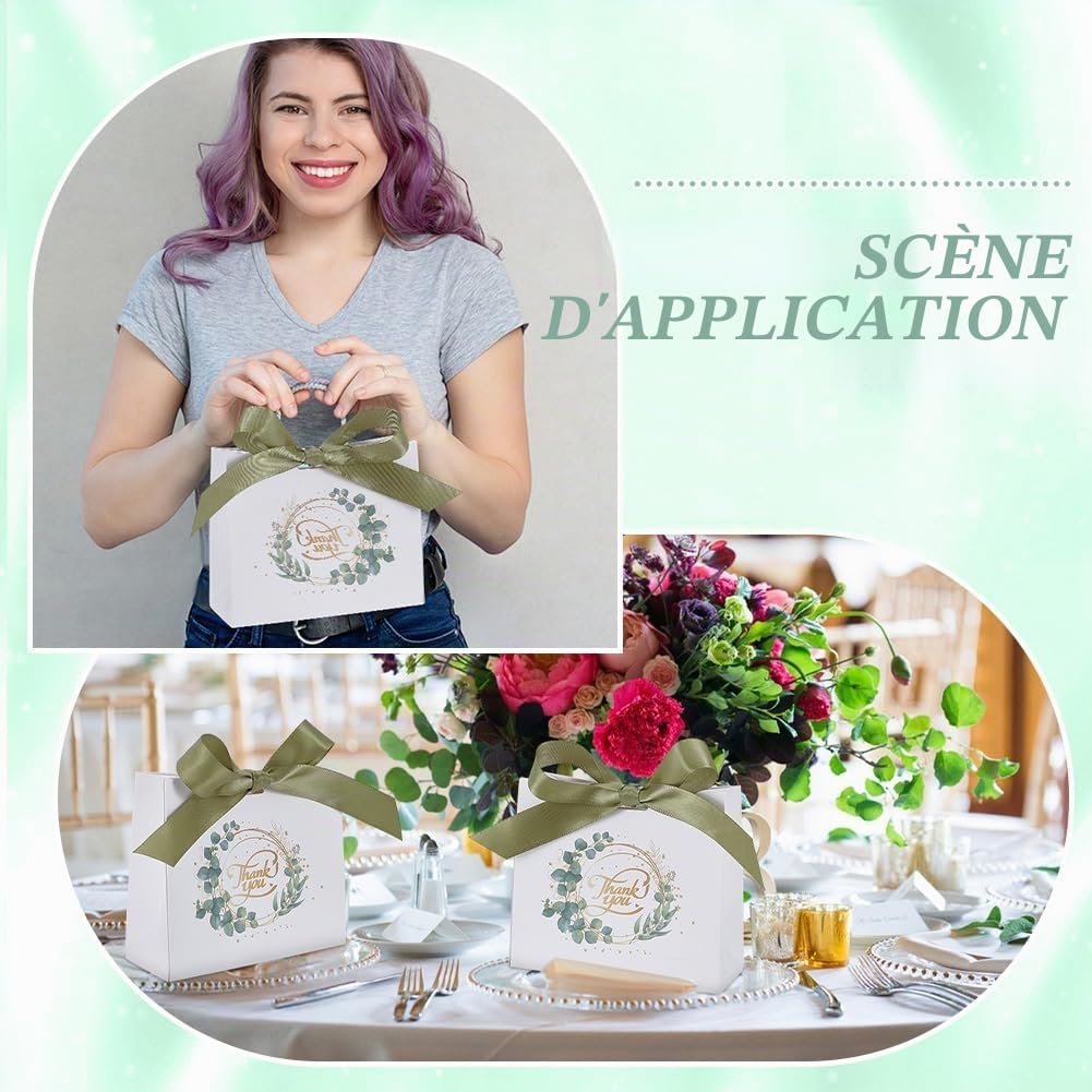 FREEBLOSS 100 paquet de Petits Sacs Cadeaux de Remerciement avec Ruban Vert et Feuilles D'Eucalyptus Parfaits pour les Mariages les Anniversaires et les Fêtes Prénatales 4.5" x 1.8" x 3.9" pouces