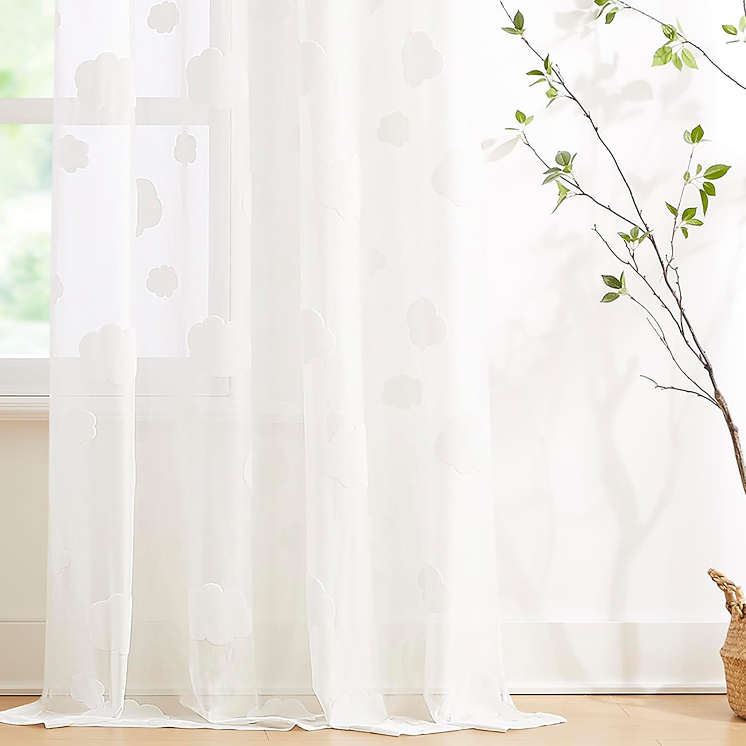 Purainbow White Lace Sheer Curtains for Living Room Elegant Cloud Pattern Semi Sheer Window Curtains for Home Decor Light Filtering Privacy Airy Drapes for Bedroom with Grommet Top, 55" W x63 L, 2pcs