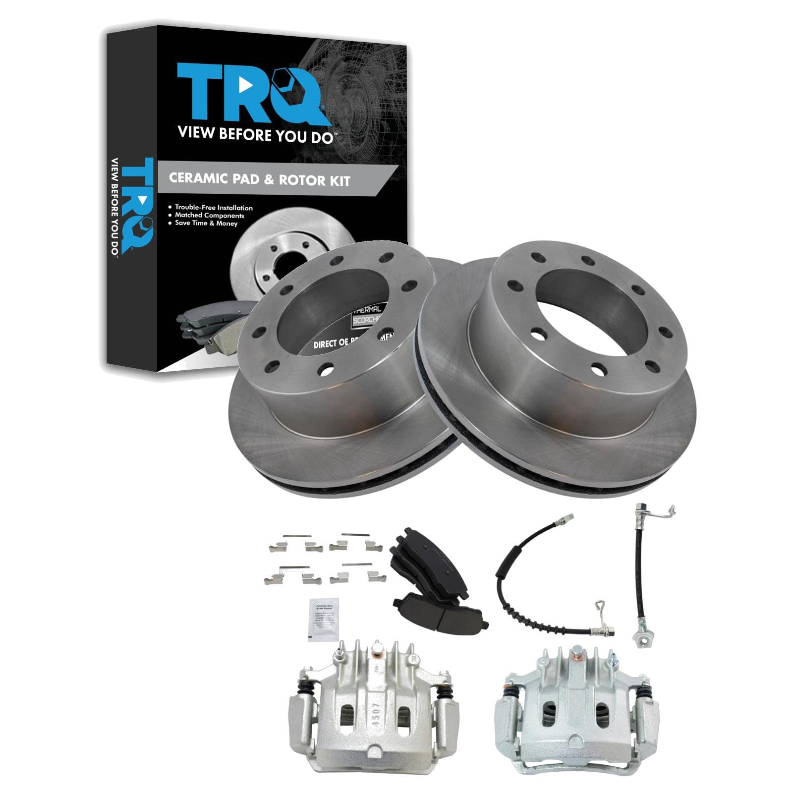 TRQ Brake Pad, Caliper, Hose, &amp; Rotor Kit Ceramic Compatible with 2000 Ford Excursion F-350 Super Duty