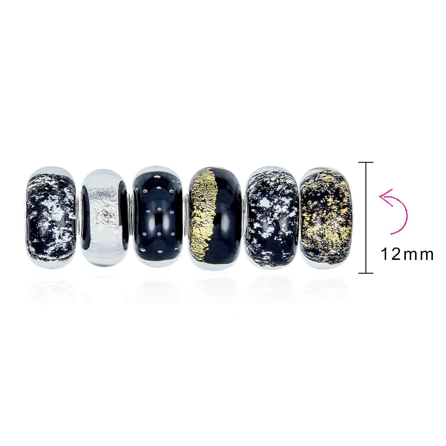 Set Misto Di 6 Mazzetti D'Argento Sterling 925 Core Translucent Shades Of White Black Spray Specs Gold And Silver Foil Murano Glass Charm Bead Spacer Si Adatta Al Bracciale Europeo Per Donne Teen