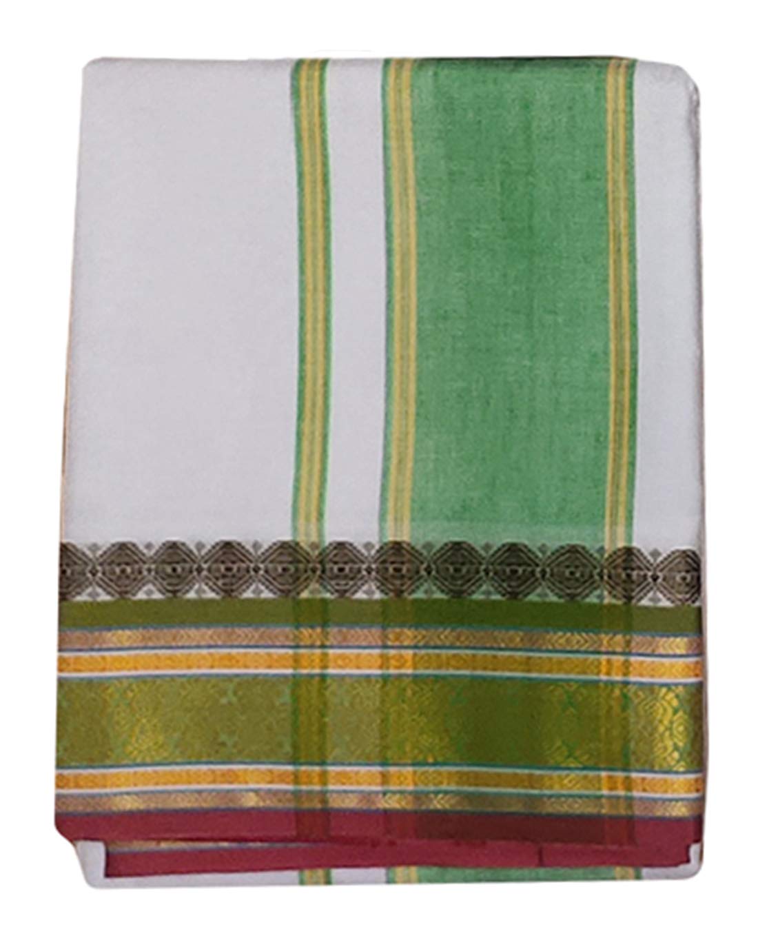 Prakasam Cotton Mens Panjakejam (Size:9X5) Fancy Border White Dhoti/Traditional Dhoti And Angavasthiram Set/Dhoti And Gamcha Set (Fancy Border-005)