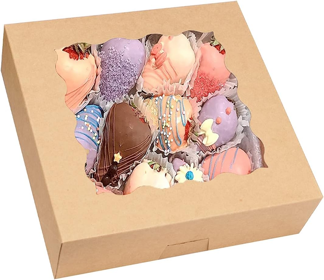 BAKEFY� 4 Brownie 50 piece Brown Pie Boxes with Window Auto Pop-up Cupcake Cookie Cake Kraft Bakery for Muffins, Donuts, Strawberries