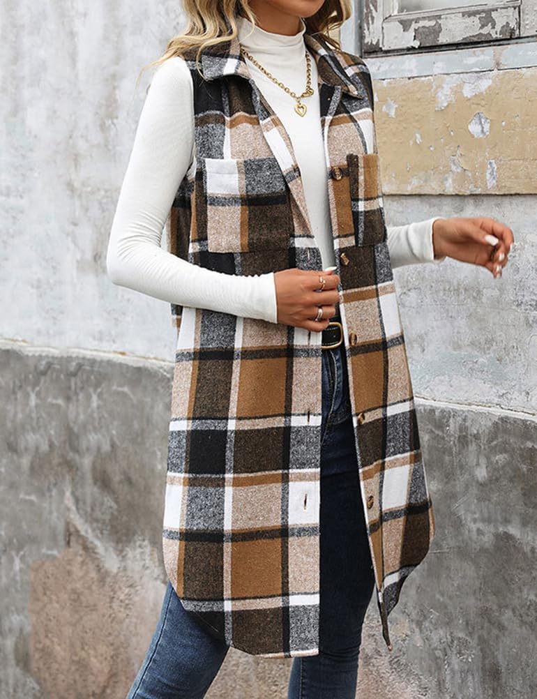 Mywinway Long Plaid Vest for Women Fall Winter Sleeveless Blazer Jackets Outerwear Trendy Tops - Image 6