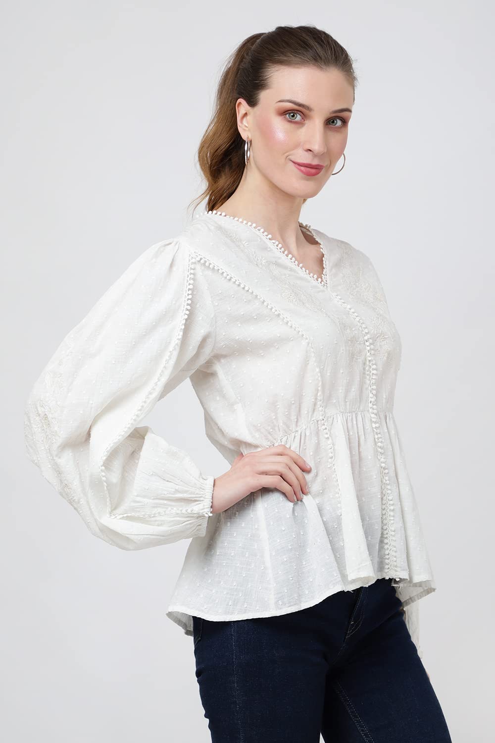 Miss Lavish London Peplum Tops for Women - Tops élégants et Chics à col en Vfemme - 101-Blanc cassé, Moyen