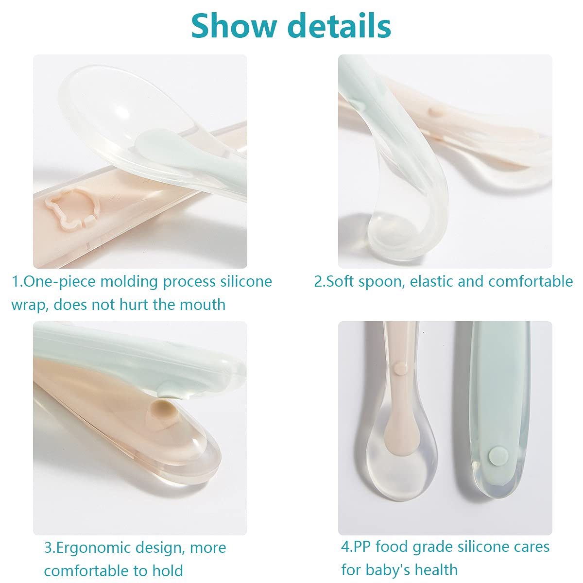 Cuillère En Silicone Pour Bébé, Cuillère À Repas Pour Bébé Incurvée Douce, Cuillère À Bouillie De Riz, Convient Aux Bébés De Plus De 1 Mois (4 PCS)