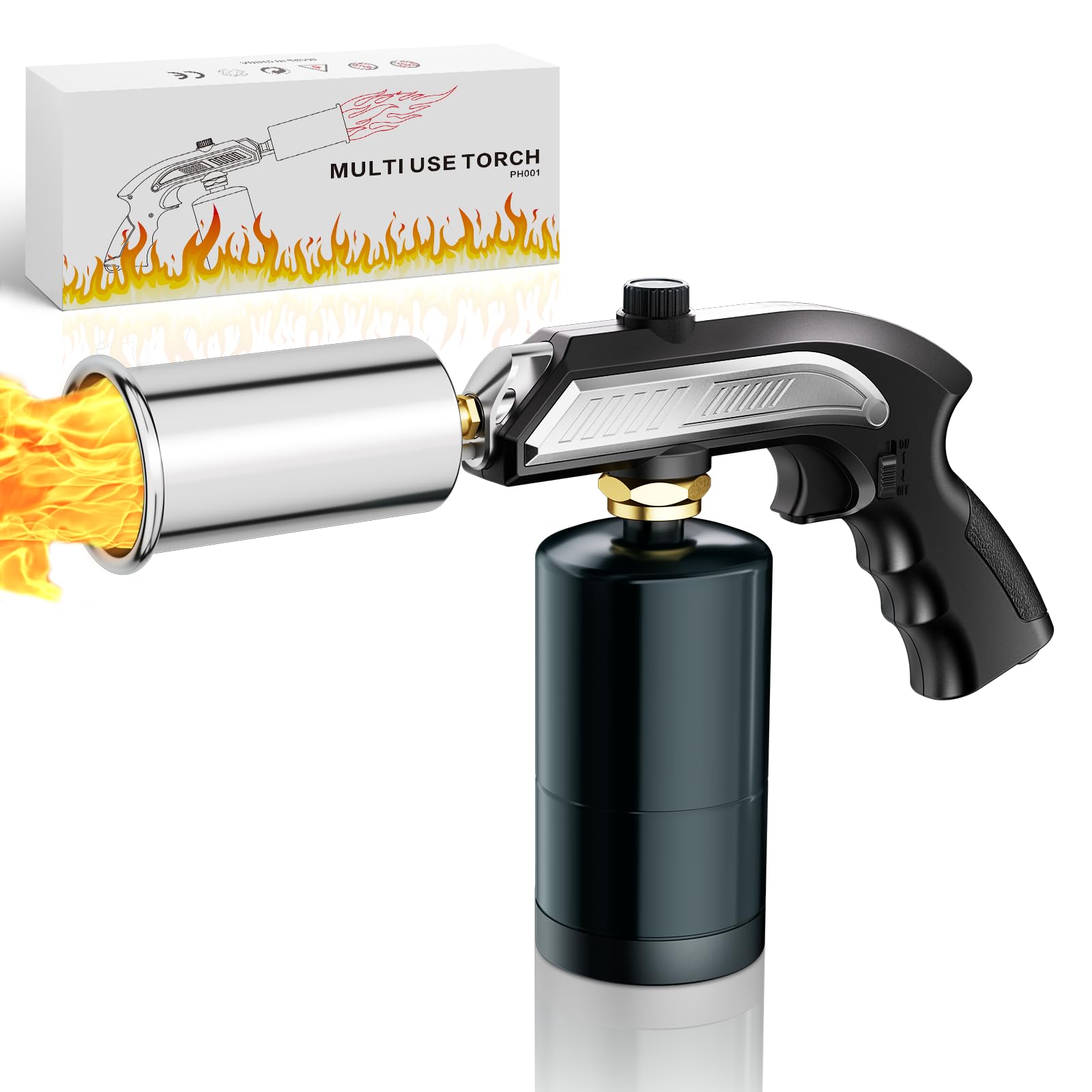 Propane Torch ，Kitchen Cooking Torch, Lighter,Safety Lock& Adjustable Flame Thrower, Kitchen Food Torch Head for Grill, Sous Vide, BBQ (Tank Not Included) (Black&Silver)
