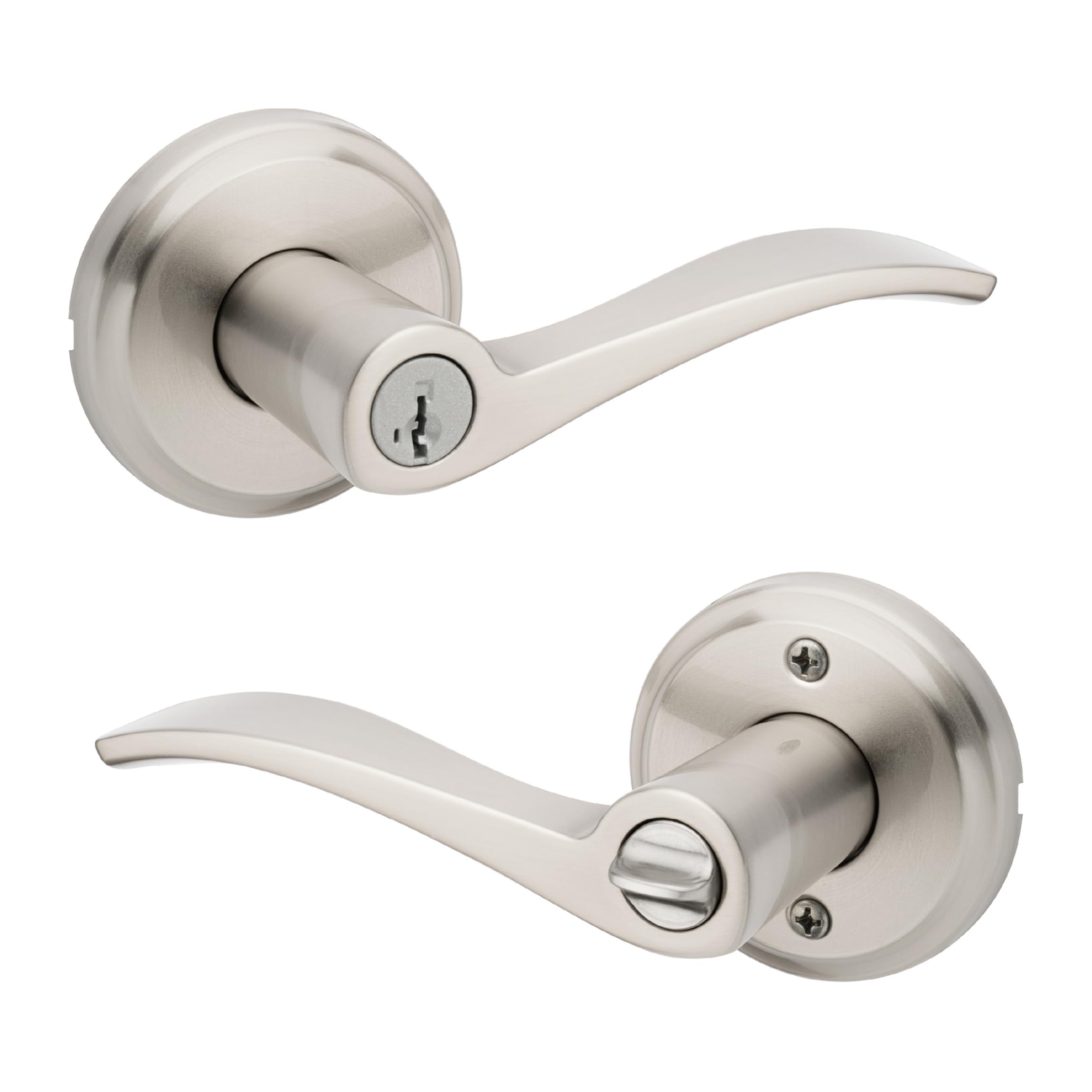 Photo 1 of Kwikset Sedona Entry Door Handle with Lock and Key, Secure Keyed Reversible Lever Exterior, for Front Entrance and Bedrooms, Satin Nickel, Pick Resistant Smartkey Rekey Security and Microban