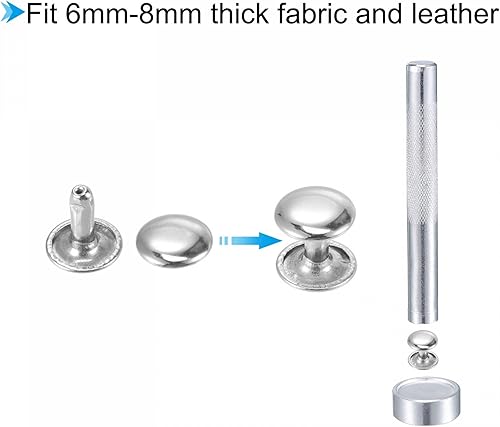 Miniatura 4 de uxcell 50 juegos de remaches de cuero, tono plateado, 0.236 in, doble casquillo de latón, remaches de cuero con herramientas de ajuste