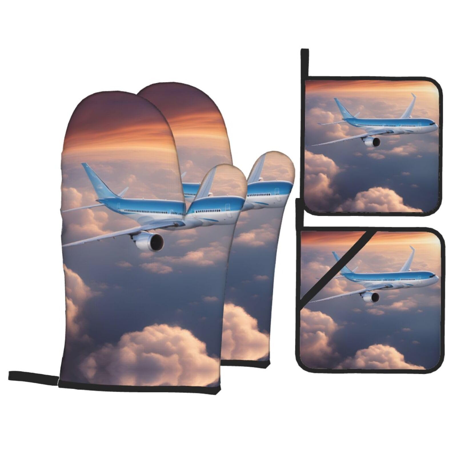 Beautiful Sky Airplane Print Stylish 4-Piece Microwaving Oven Waterproof Kitchen Gloves Baking Holiday Cooking