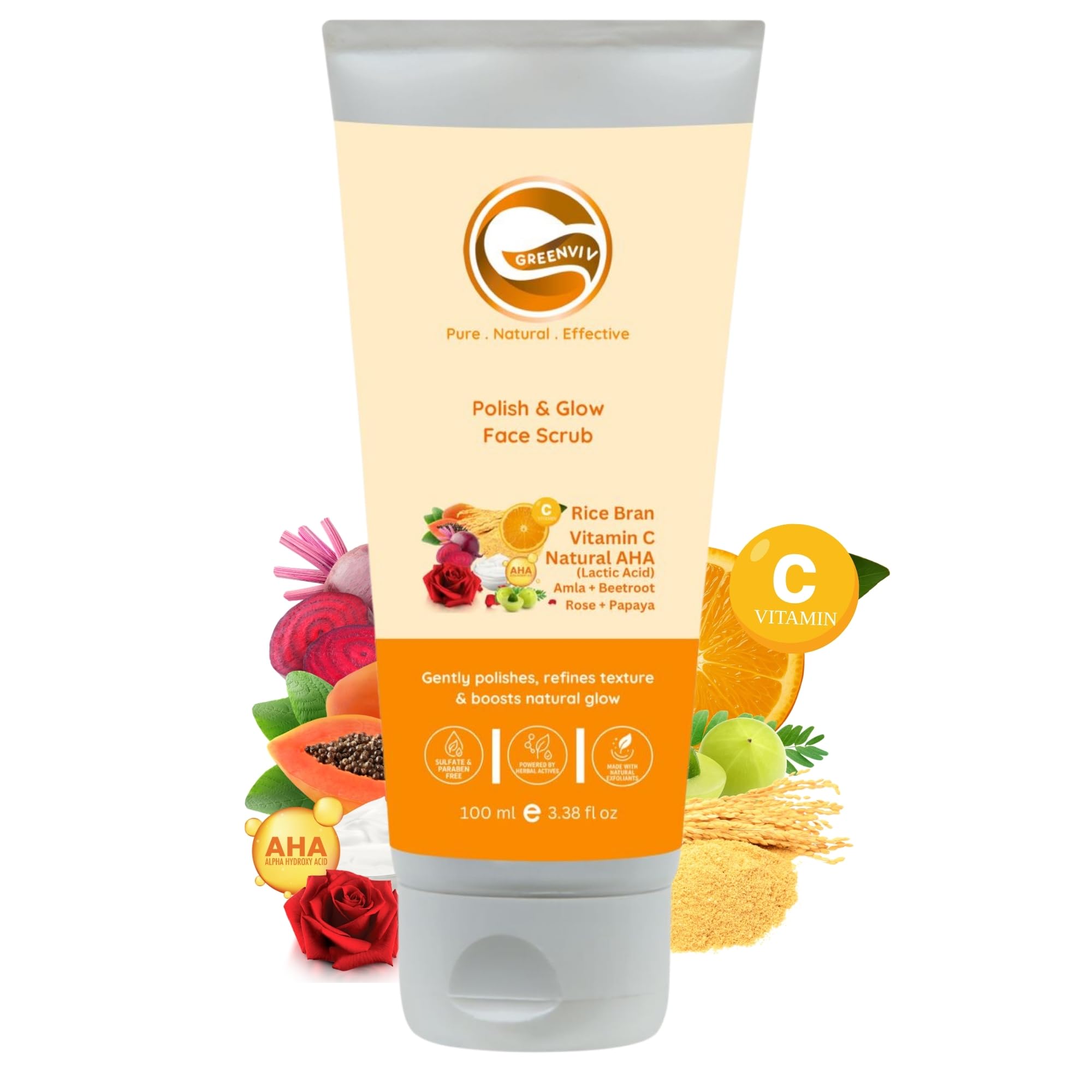 Greenviv Rice Bran Face Scrub for Glowing Skin, Gently Exfoliates Dead Skin & Smoothens Texture with Vitamin C & Lactic Acid | 100 g
