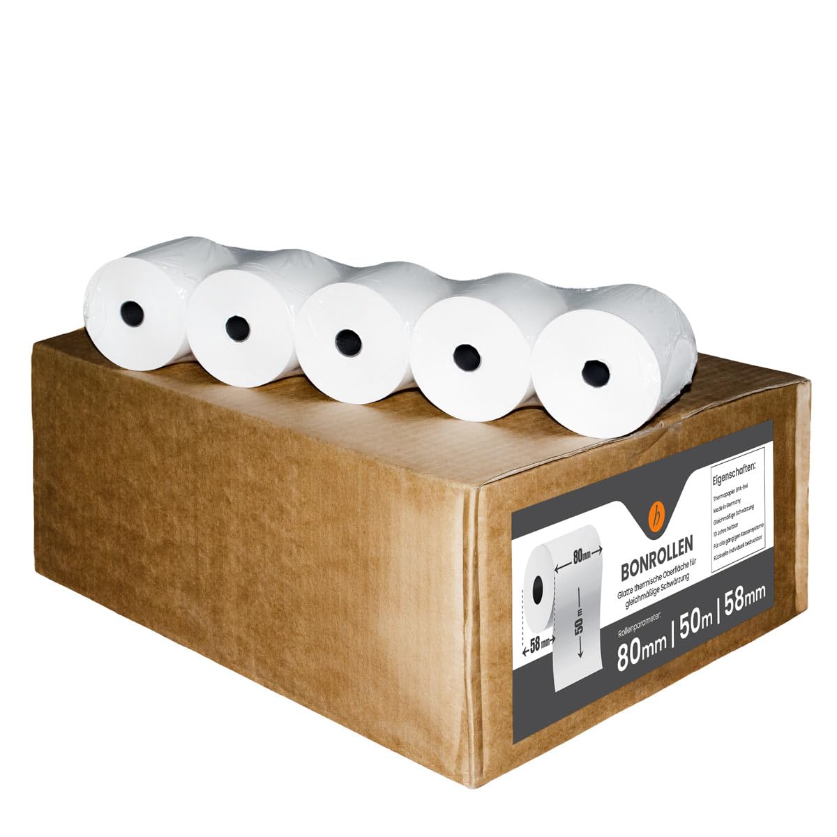 50 Stk. Thermorollen | 80x50x12 mm Ø58mm | Länge: 50 m | BPA frei | Kassenrollen für alle Kassensysteme Bonrollen Drucker | Thermopapier made in Germany | HUTNER