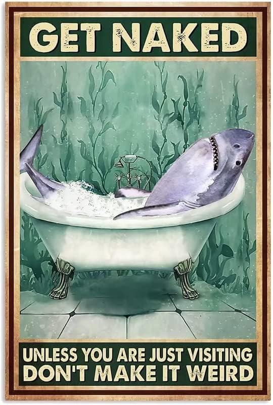 Divertido letrero de estaño de tiburón, divertido lienzo para baño decoración de inodoro con estampado de tiburón, lindo tiburón para colgar en la