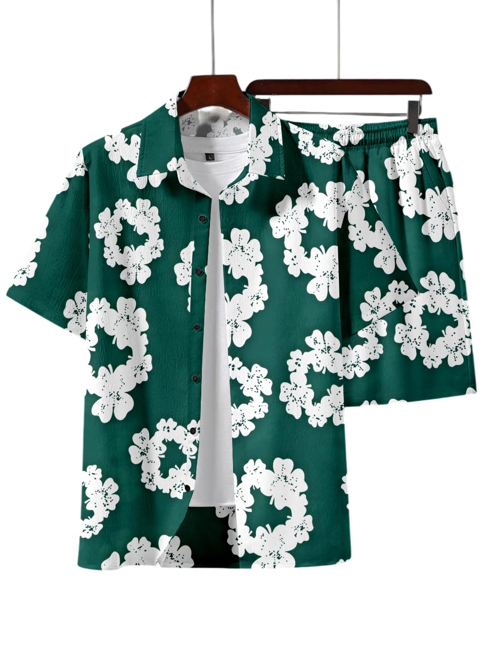 Men's Co-ord Set with Colorful Print, Short Sleeve Shirt and Shorts, White Base with Multicolor Graphics